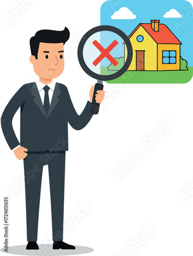 Man in suit with magnifying glass rejecting house concept.