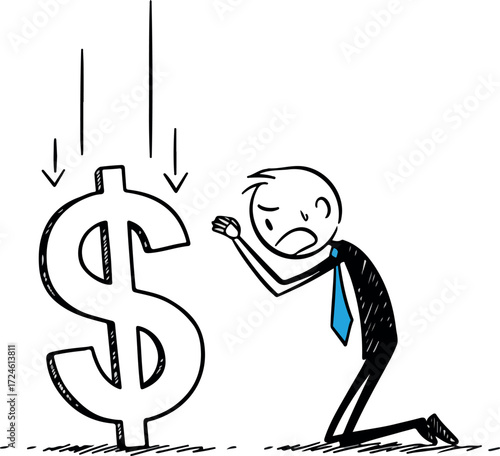Man Kneeling in Despair Before Falling Dollar Symbol.