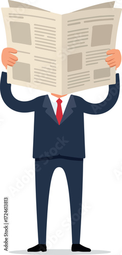 Man in suit reading newspaper news and information concept.
