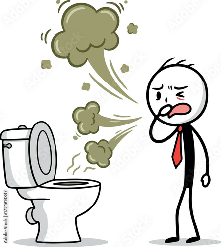 Man reacts to foul odor emanating from the toilet.