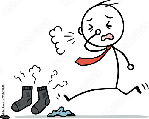 Man reacts to the smell of stinky socks with disgust.