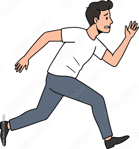 Man running away in fear with raised hand and worried expression.