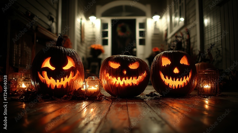 Fototapeta premium Carved pumpkins glow on a porch at night for a halloween celebration.