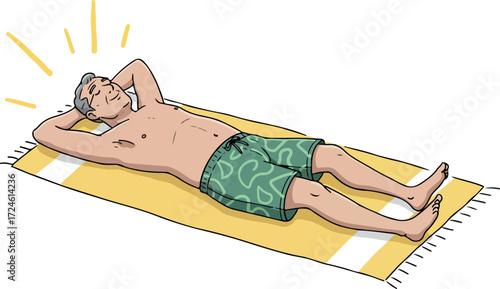 Man sunbathing on a yellow towel enjoying the summer sunshine.