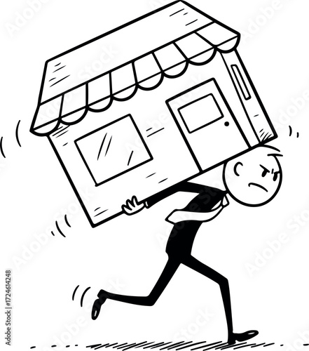 Man struggling to carry a heavy building on his back.