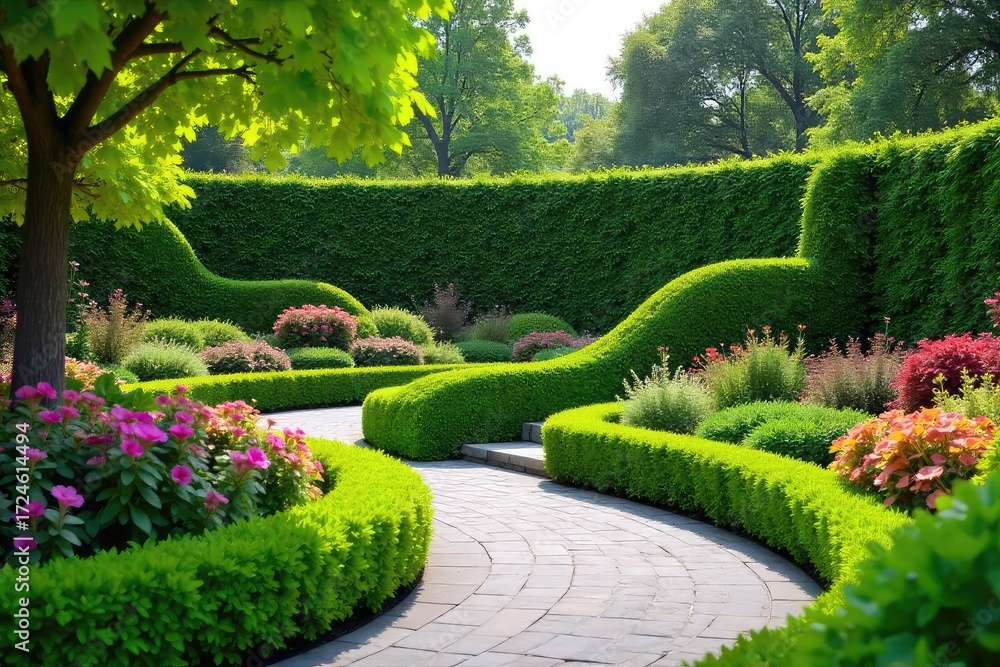 Obraz premium A vibrant, modern garden design featuring sculpted hedges, flowing curves, and a carefully chosen palette of plants creating a stunning landscape artwork , modern garden, outdoor art, beauty