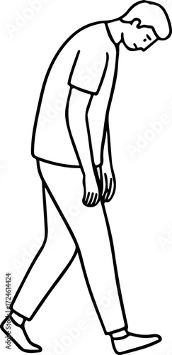 Man walking with head down feeling sad and depressed monochrome illustration.