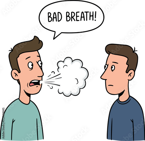 Man with bad breath talking to another person with concern.