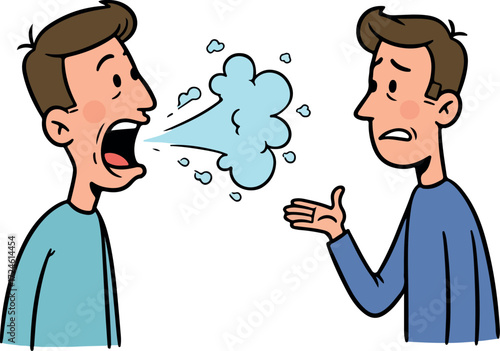 Man with bad breath talking to another person who is disgusted.