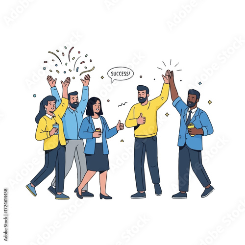 Diverse team celebrating success with high-fives, thumbs-up, and confetti, showing teamwork and achievement in a business setting.