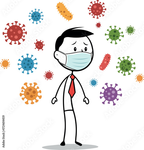 Man wearing mask surrounded by viruses health and safety concept.