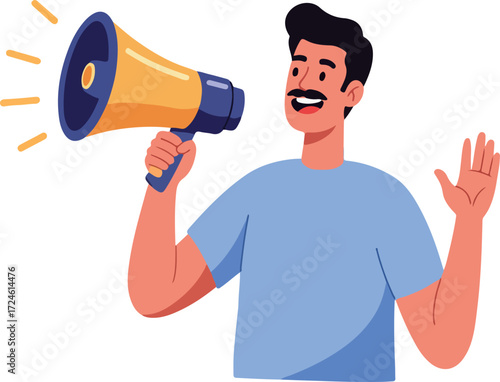 Man with megaphone announcing important information to the audience.