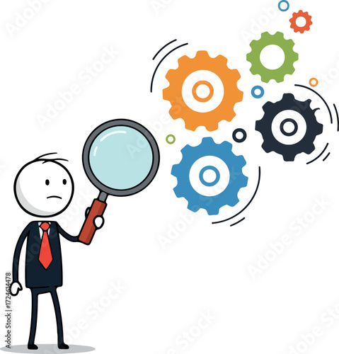 Man with magnifying glass examines gears representing business processes.