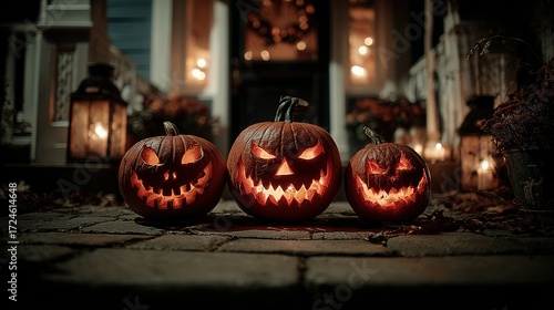 Three carved pumpkins sit on a porch decorated for Halloween night.
