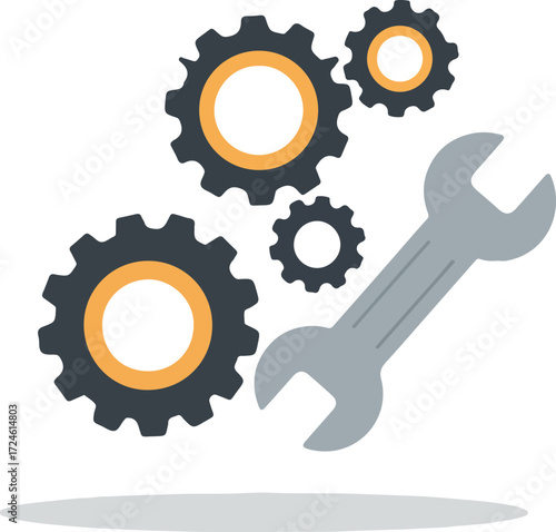 Mechanical gears and wrench representing industry and technology concepts.
