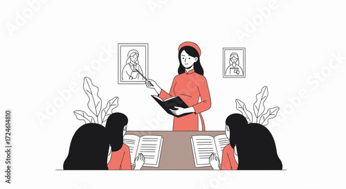 A Vietnamese teacher in traditional attire is instructing students, pointing at a book, with portraits on the wall, depicting an educational setting and cultural elements