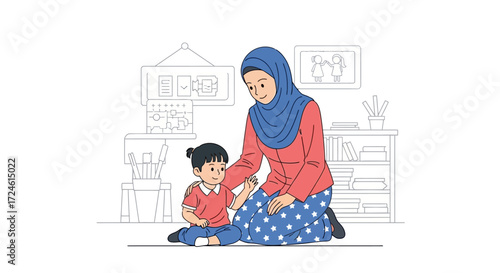 An illustration depicting a mother in a hijab smiling and gently holding the hand of her child who is sitting on the floor, fostering a moment of nurturing and connection in a domestic setting