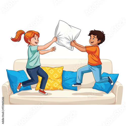 A cartoon illustration of two happy children having a playful pillow fight on a sofa with colorful cushions.