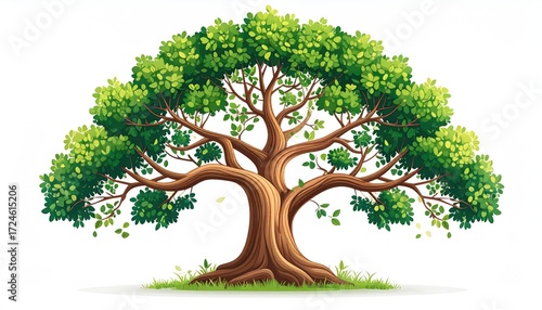 A verdant cartoon tree with a sturdy brown trunk and dense green foliage, set against a clean white backdrop, radiating nature's charm