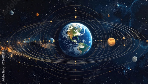 Earth is centered in the frame surrounded by planets, their orbit paths, and a star-filled night sky. Abstract composition, cosmic