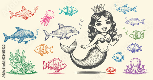 Vector hand-drawn illustration of a A mermaid. sketch drawing for a tattoo or a print on a T-shirt.