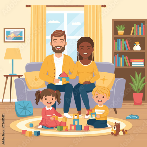 A happy diverse family with two young children playing with colorful building blocks on a rug in their cozy living room.