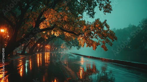 Wet road reflects streetlights under trees in a misty or rainy environment.