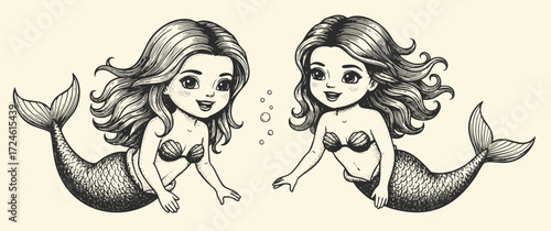 Vector hand-drawn illustration of a A mermaid. sketch drawing for a tattoo or a print on a T-shirt.