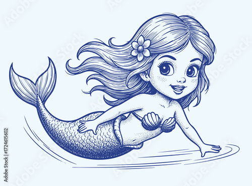 Vector hand-drawn illustration of a A mermaid. sketch drawing for a tattoo or a print on a T-shirt.