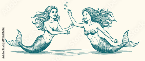 Vector hand-drawn illustration of a A mermaid. sketch drawing for a tattoo or a print on a T-shirt.