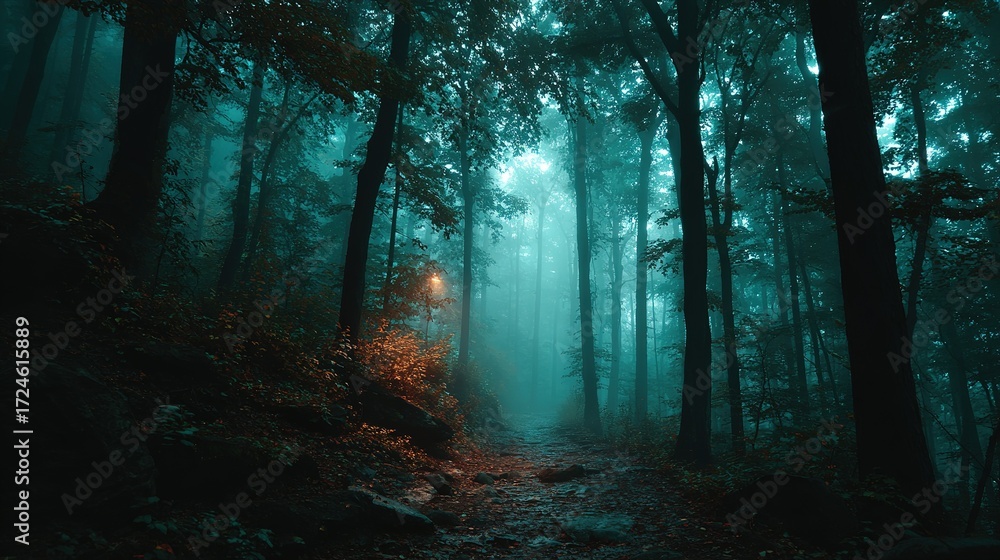 Fototapeta premium Misty forest scene with trees and a path leading into the distance.