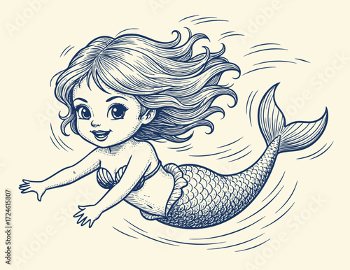 Vector hand-drawn illustration of a A mermaid. sketch drawing for a tattoo or a print on a T-shirt.