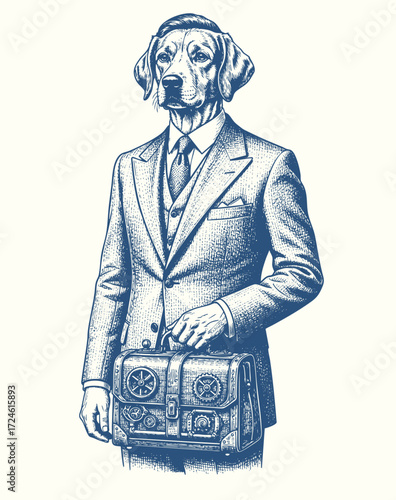 Vintage engraving illustration of anthropomorphic dog in elegant business suit holding briefcase, surreal retro art concept.