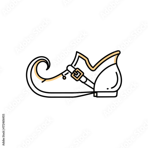 Illustration of a white elf shoe with a buckle and curled toe.