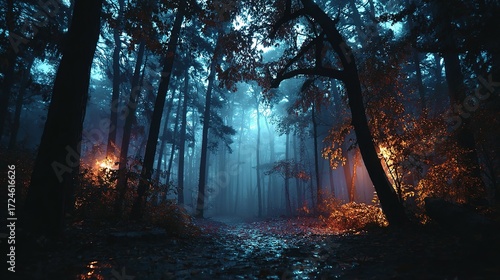 Dark forest with tall trees and a misty blue light in the distance.