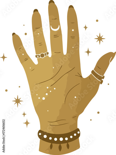 Palmistry Hand with Rings and Bracelet Depicting Mystical Symbolism.