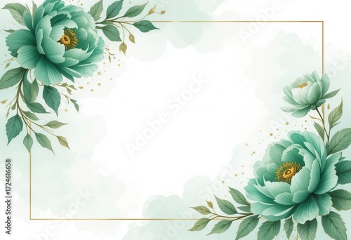 Romantic Watercolor Invitation Border with Emerald Green Peonies and Delicate Gold Leaf Details.
