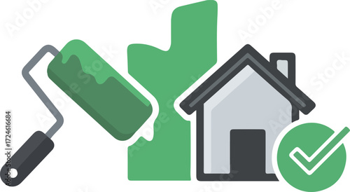 Painting a house with a roller and a check mark for completion.