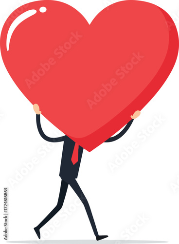 Person carrying a large red heart symbolizing love and affection in a romantic gesture.
