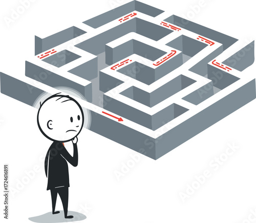 Person contemplating maze solution with a thoughtful expression.