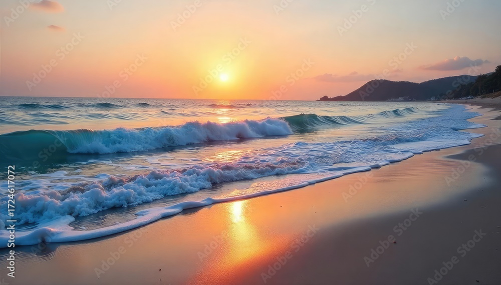 Obraz premium Tranquil Dawn Beach Scene Gentle Waves, Soft Light, Calming Ocean Soundscape - Perfect for Relaxation and Meditation