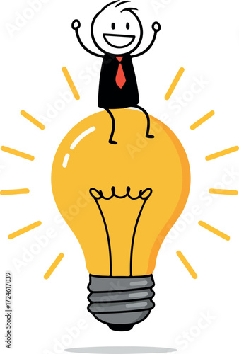 Person sitting on a lightbulb representing a great idea and innovation.