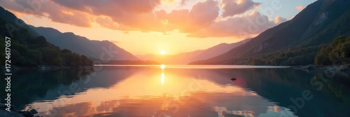 A tranquil bay at sunrise, bathed in soft golden light, reflecting the serene beauty of nature The calm water mirrors the sky, creating a breathtaking scene , serene, calm sea, golden sunrise