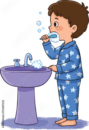 Cartoon boy brushing teeth, healthy morning routine, dental care illustration, hygiene habit, child in pajamas, bathroom sink, kids oral health, education
