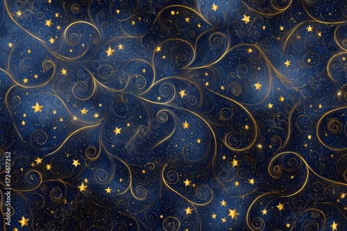 Night sky swirls with gold stars