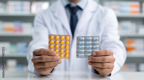 A pharmacist holds two packs of medication, showcasing different types of pills in a pharmacy setting.