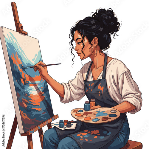 A young woman with dark curly hair tied up, wearing an apron, is focused on painting a colorful landscape on a canvas set on an easel, holding a palette with paints.