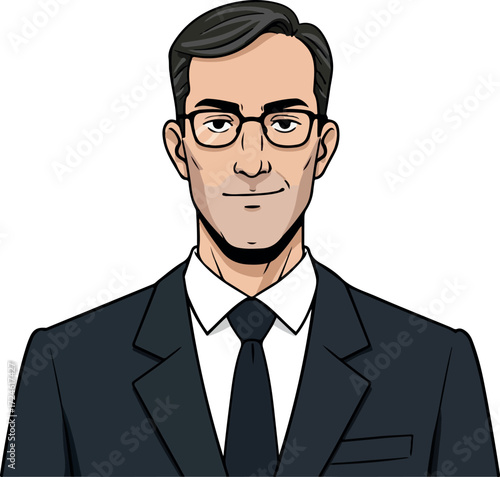 Professional man in suit and tie wearing glasses looking forward.