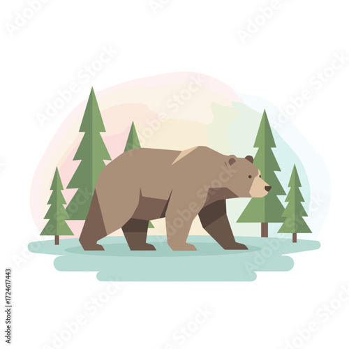Brown grizzly bear walking in forest with evergreen trees in background  