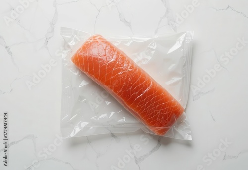 Elegant Salmon Packaging Still Life   Top Down View   White Background   Understated   Focusing on Quality and Presentation